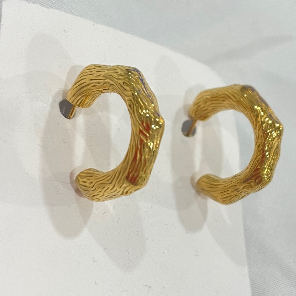 Vintage Inspired Textured Gold C-Hoop Earrings Sculptural Statement Post Back